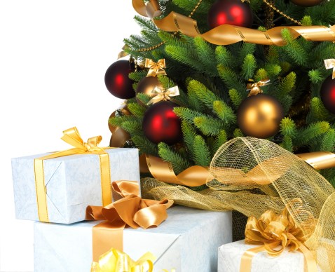 Decorated Christmas tree on white background